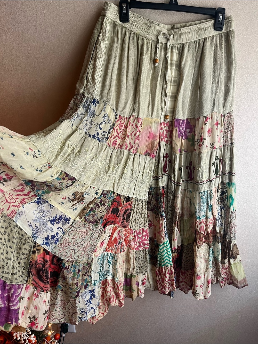 Women's Bohemian Wide Leg Patchwork Pants - Cream Multi - Picture 3 of 5